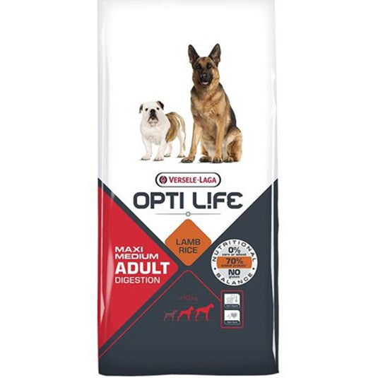 VERSELE-LAGA OPTI LIFE SANS GLUTEN Adult Digestion Medium & Maxi à l'agneau pour chien adulte sensible de moyenne et grande taille 12,5KG