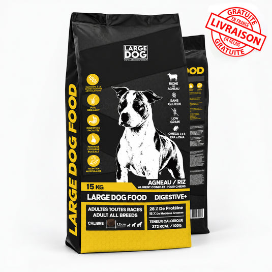 NOUVEAU ! LARGE DOG FOOD Digestive+ SANS GLUTEN – Agneau / Riz Low Grain – Croquettes chien adulte 15 kg